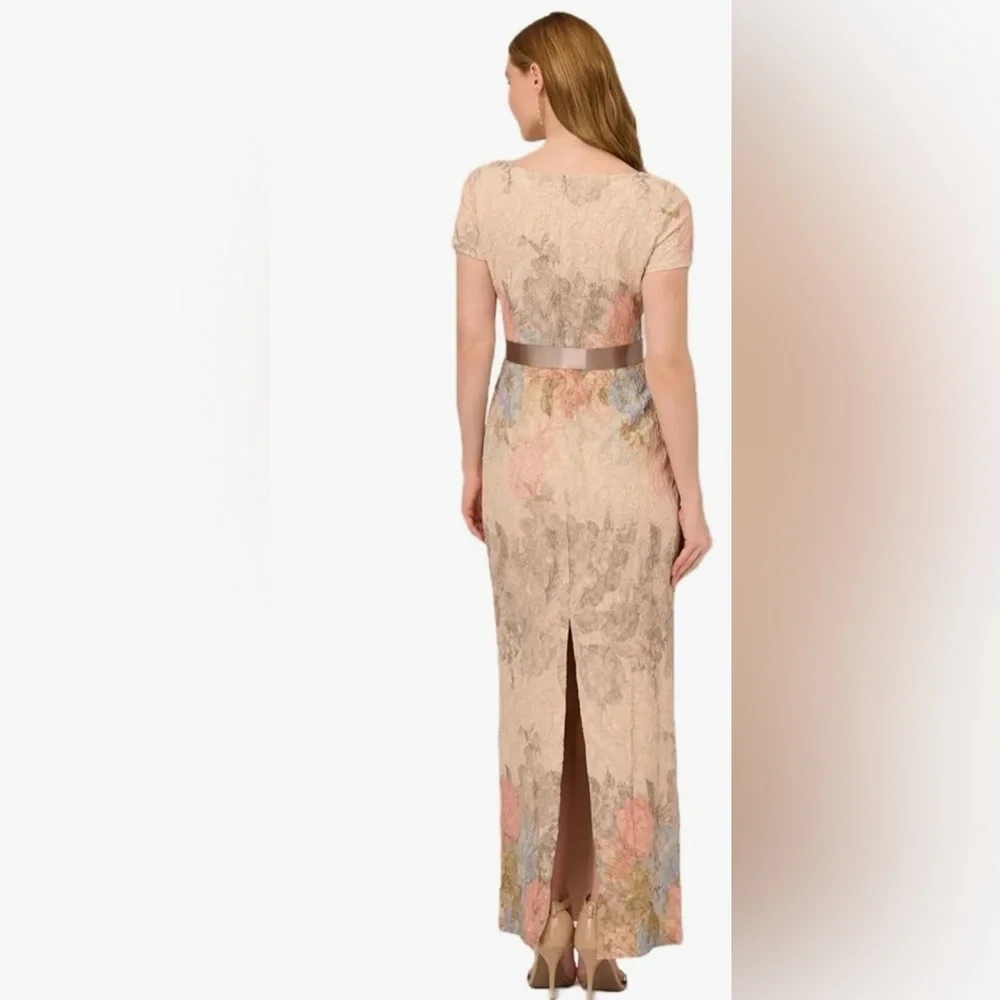 Adrianna Papell Champagne Lace Maxi Dress with Taupe Sash and Pastel Accents - Picture 2 of 9